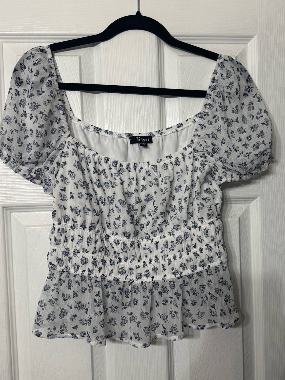 Trixxi White Top with Blue Floral Print and Smocked Waist
